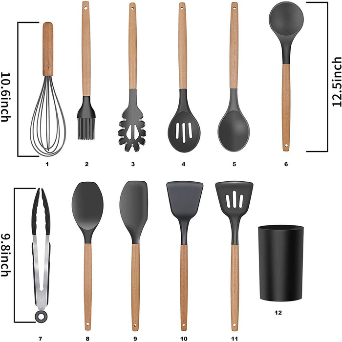 13 Piece Silicone Kitchen Utensil Set Heat Resistant Kitchen Gadgets with Anti Spill Tool (Black)
