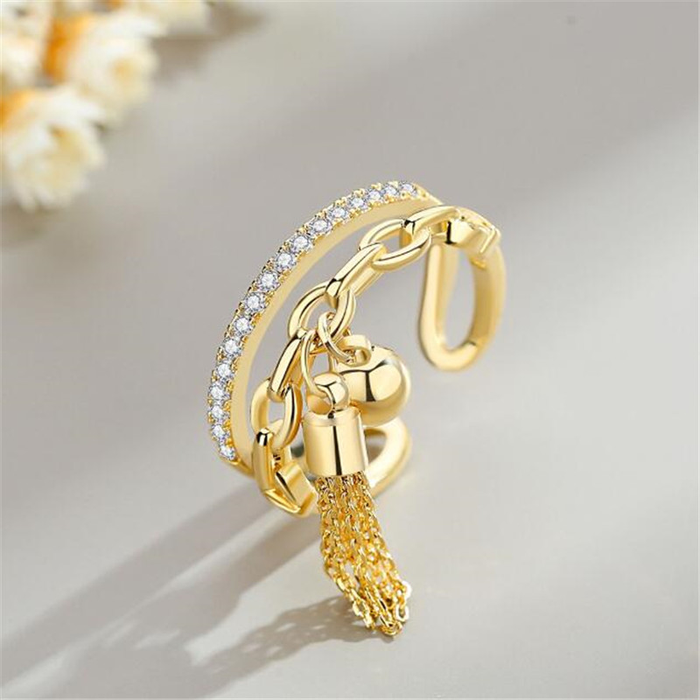 Double-Deck Crystal Chain Open Ring Fashion Simple Tassel Index Finger Ring Creative Jewelry Gifts