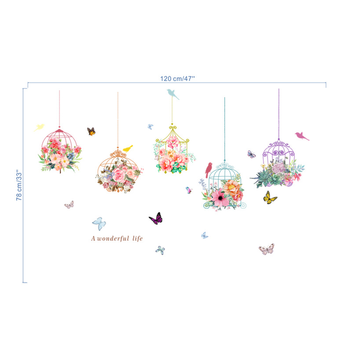 Colorful Bird Cage with Flowers Butterfly Wall Stickers for Store Office Home Decoration Girls Room Wall Art Decals Pvc Posters