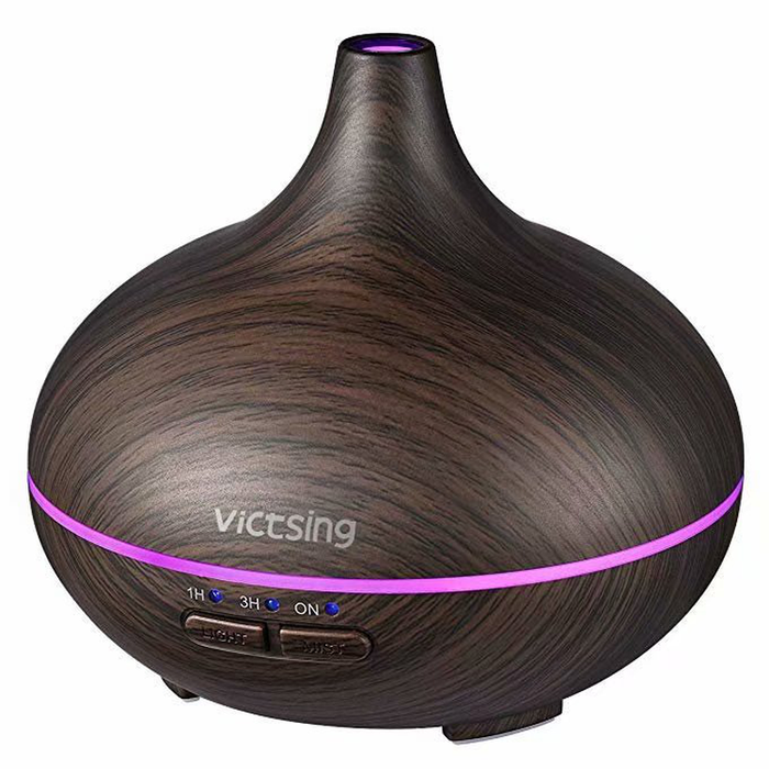 Essential Oil Diffuser, 150ml Mini Aroma Wood Grain Cool Mist Humidifier for Office Home Study Yoga Spa Baby, Auto Shut-Off and 14 Color Night Lights (Dark Brown)