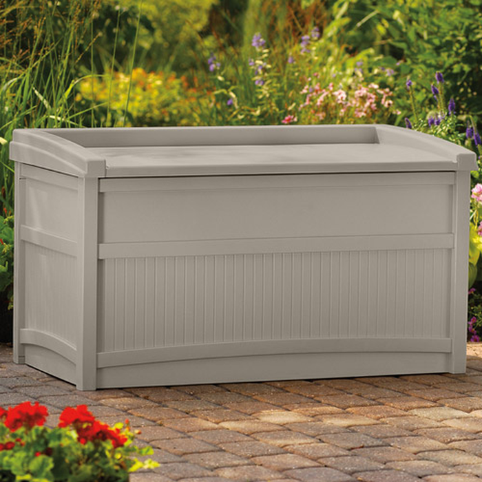 Suncast 50 Gallon Outdoor Resin Deck Storage Box with Seat, Light Taupe