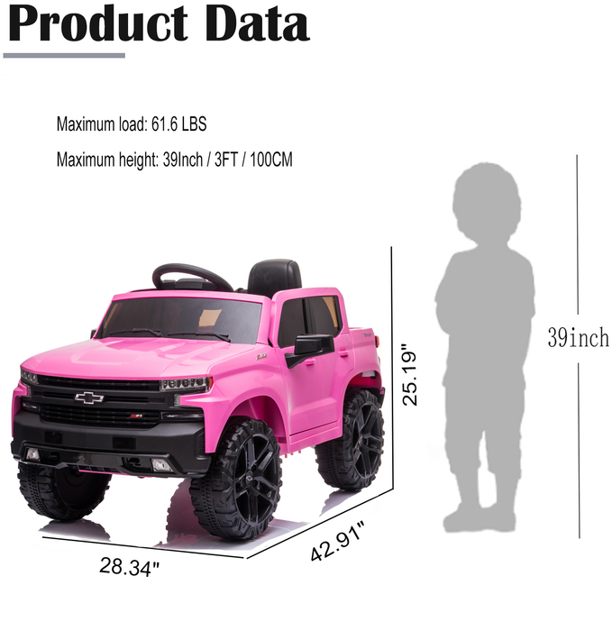 12V Kids Ride on Cars with Remote Control, Licensed Chevrolet Silverado Power 4 Wheels Ride on Pickup Truck, Battery Powered Vehicles with Light, MP3 Player, Ride on Toys for Boy Girl, Pink, W15697