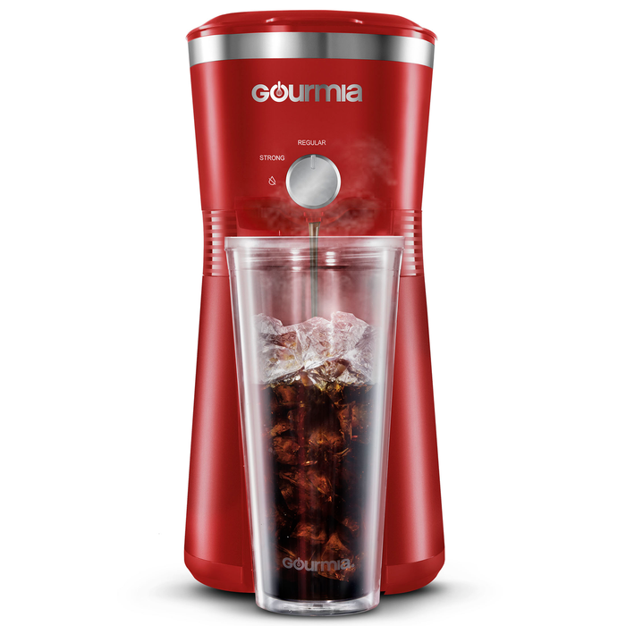 Gourmia Iced Coffee Maker with Brew-Strength Control, Reusable Filter and Tumbler, Red