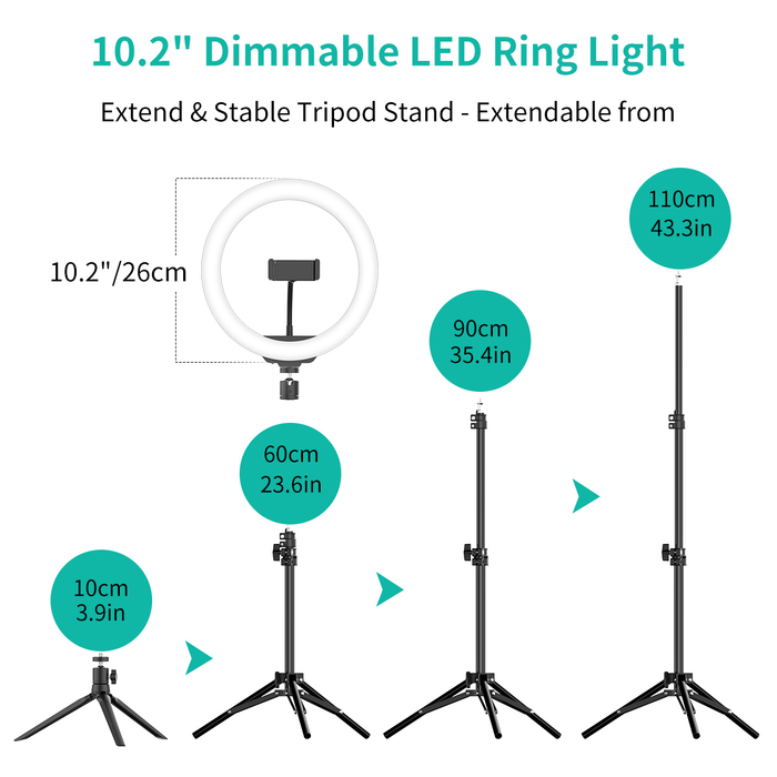 10.2" LED Selfie Ring Light W/ Extendable Tripod Stand & Cell Phone Holder, 10 Brightness Level, 3 Light Modes for Live Streaming & YouTube Video, Photography, Shooting, Dimmable Makeup Ringlight