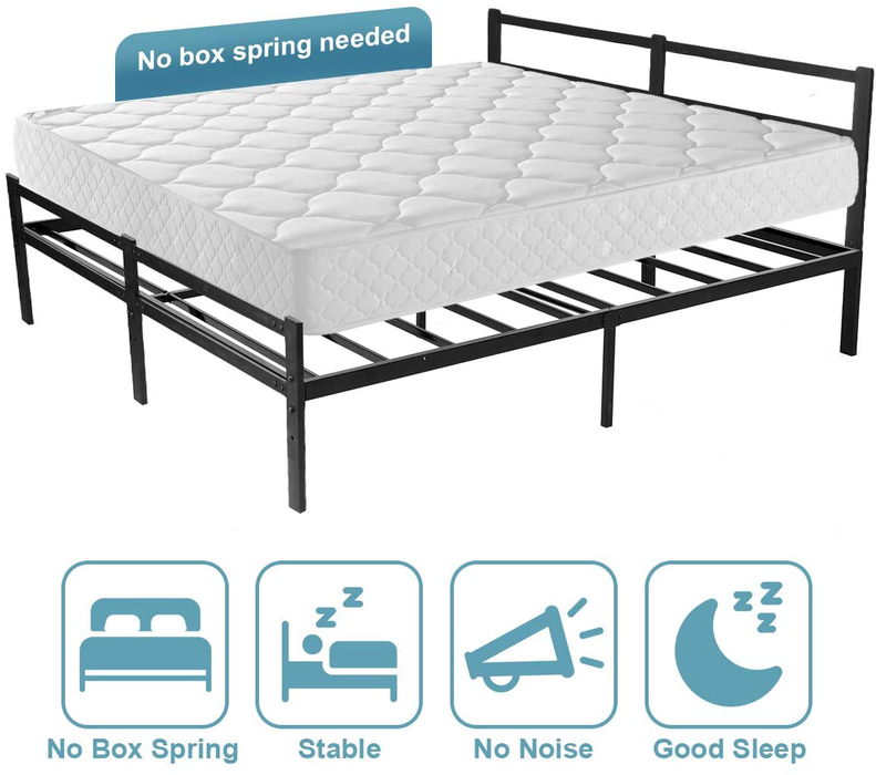 Kingso Queen Bed Frame with Headboard, No Box Spring Needed Black 14 Inch Metal Platform Bed Frame with Storage,Heavy Duty Steel Slat Bed Frame -Queen Size