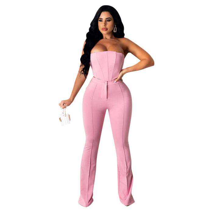 Sexy Tube Top Off-Shoulder Top Line Decoration Slim Trousers Two-Piece Fashion Ladies Solid Color Long Street Nightclub Suit