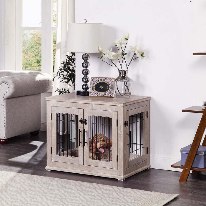 Unipaws Pet Crate End Table, Double Doors Wooden Wire Dog Kennel with Pet Bed, Medium Dog Crate