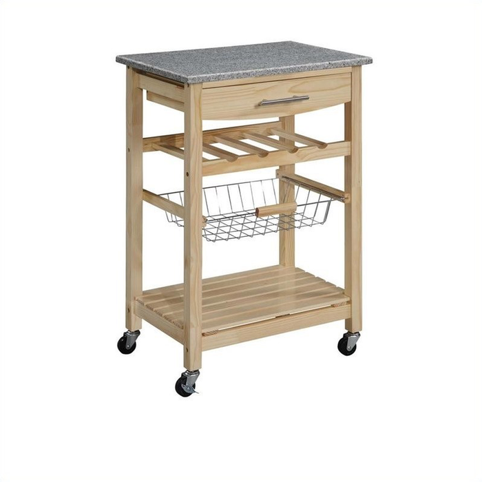 Linon Wood Kitchen Cart Island, 33.8" Tall, Natural Finish with Granite Top
