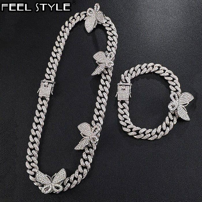 Hip Hop 13MM Iced Out Paved Rhinestones 1Set Miami Curb Butterfly Cuban Chain CZ Bling Rapper Necklace Bracelet for Men Jewelry