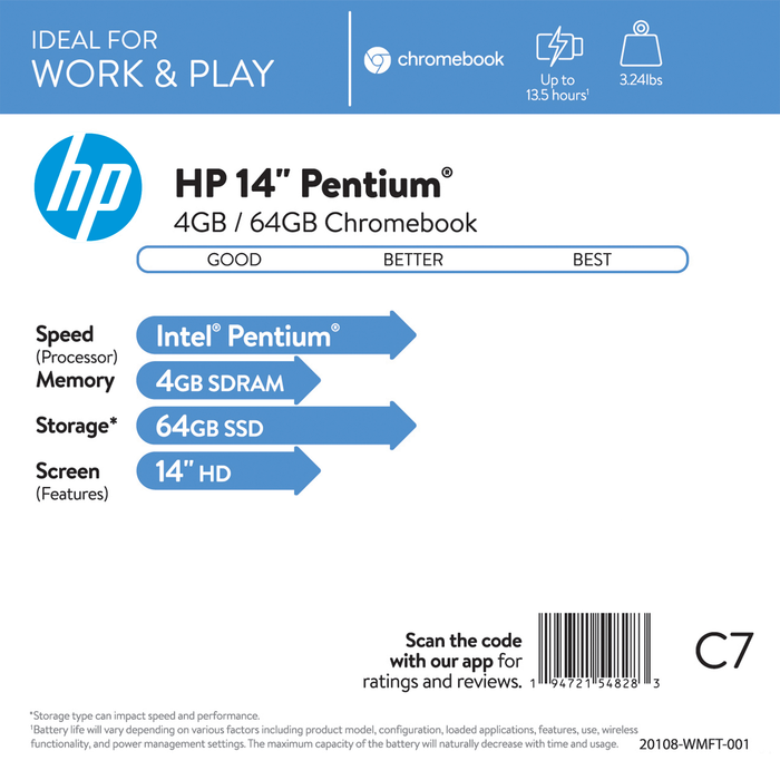 HP 14", Chromebook, Intel Pentium N5000, 4GB RAM, 64GB eMMC, Silver, Chrome OS, 14a-na0031wm