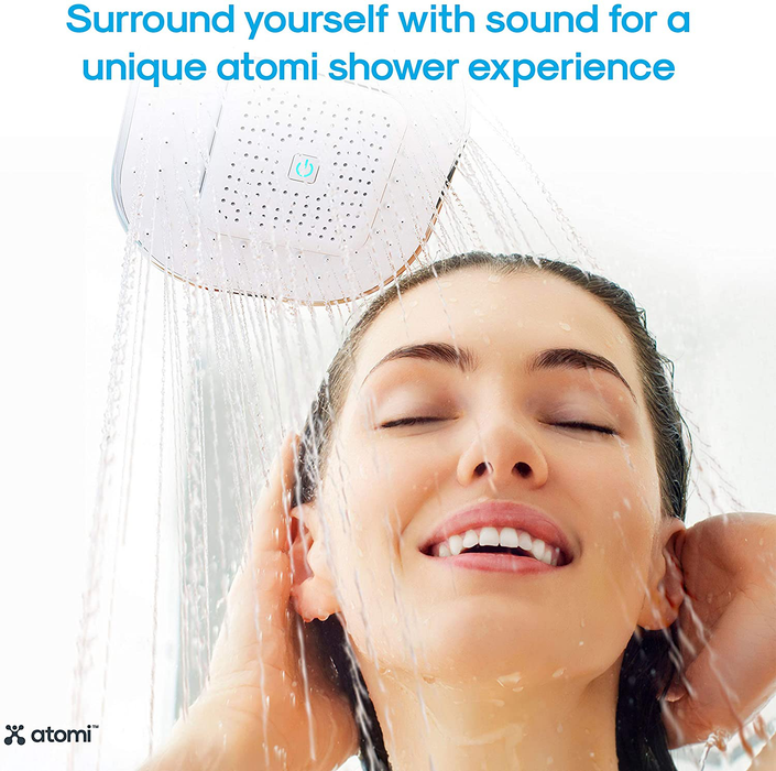 Atomi 4.9” White Showerhead with Removable, Magnetic Bluetooth Speaker