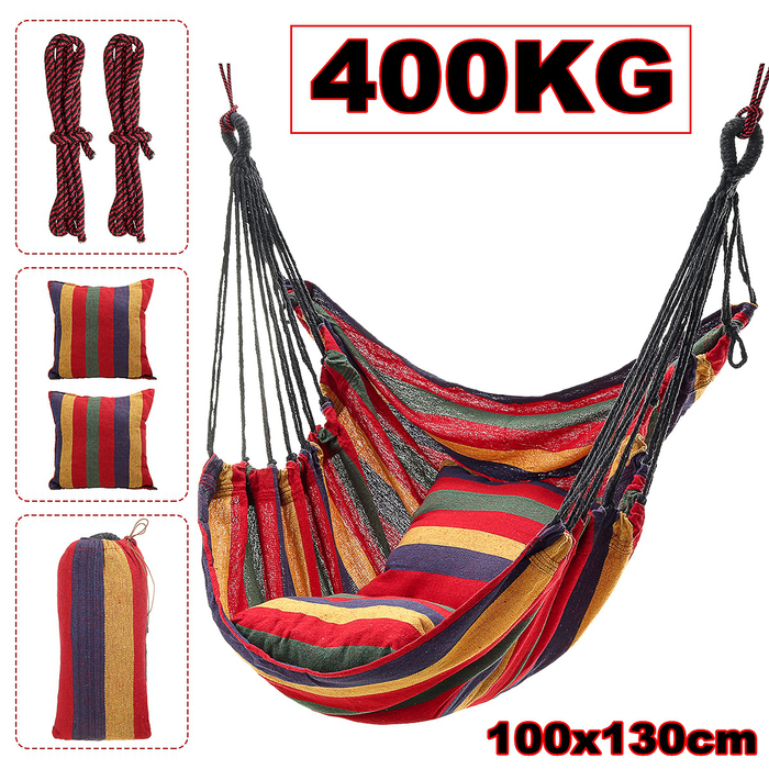 Indoor Hammock Chair Outdoor Swing Chair, Max 440 Lbs, w/ 2 Soft Pillow & Storage Bag, Large Cotton Rope Hanging Chair for Bedroom, Comfort, Durability, Perfect for Home, Patio, Yard, Deck, Garden