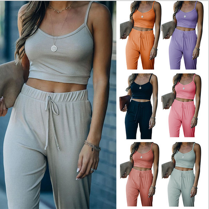2021 Spring / Summer  Woman Solid Color Suspender Knitted Sports Casual Pants Set