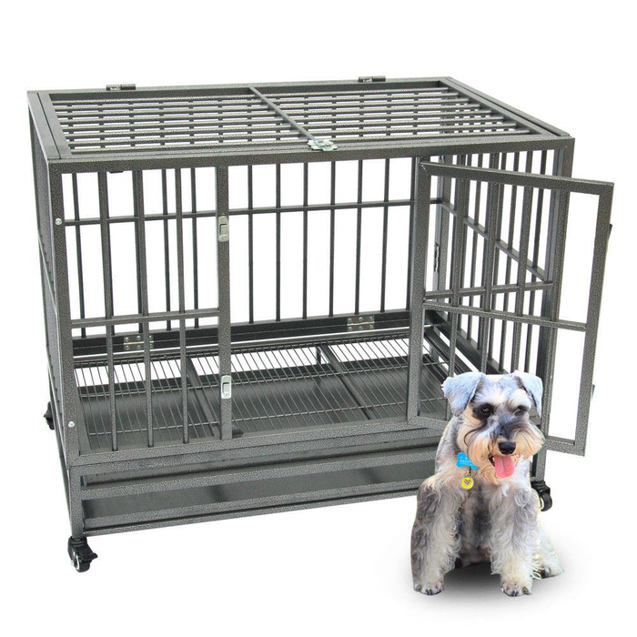 Ktaxon Double-Door Heavy Duty Dog Crate with Tray, Silver, Large, 42"L