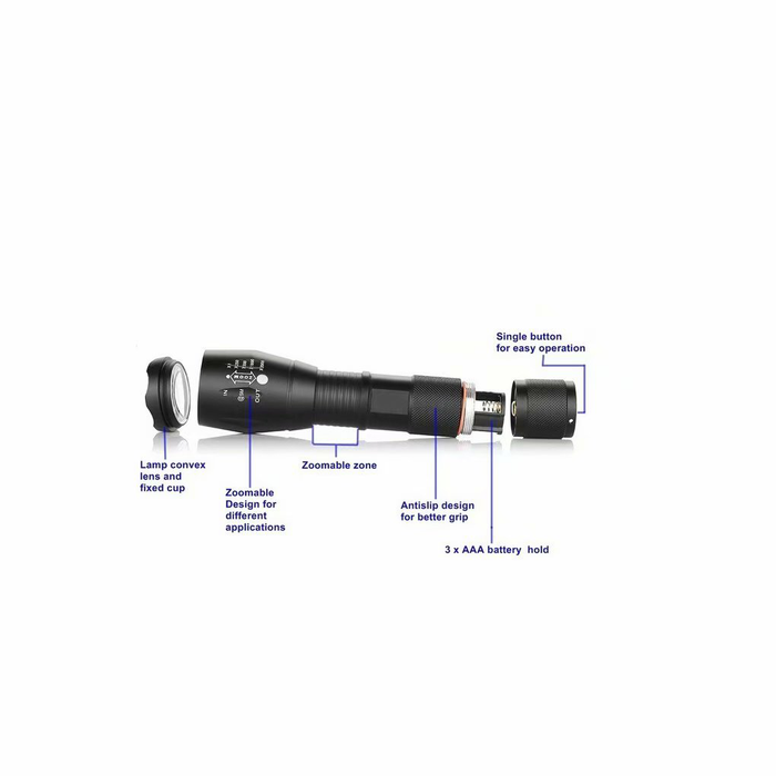 Tactical Flashlight 1200 Lumen , Bright Handheld Flash Light, 5 Modes Adjustable Focus, Water Resistant – Powered by 1 x 18650 Battery or 3 x AAA Battery (Not Included)