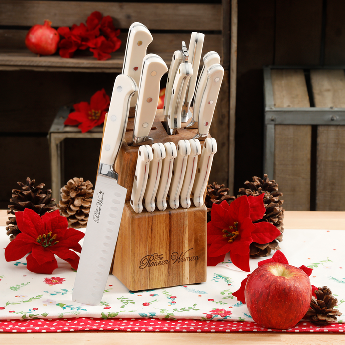 The Pioneer Woman Frontier Collection 14-Piece Cutlery Set with Wood Block, Linen