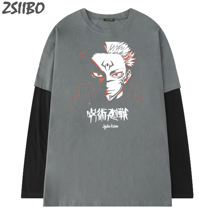Hip Hop Fake Two Piece Jujutsu Kaisen Yuji Itadori Tshirt Male Yuji Itadori Print Unisex Anime T Shirt Long Sleeve Men&#39;S T-Shirt