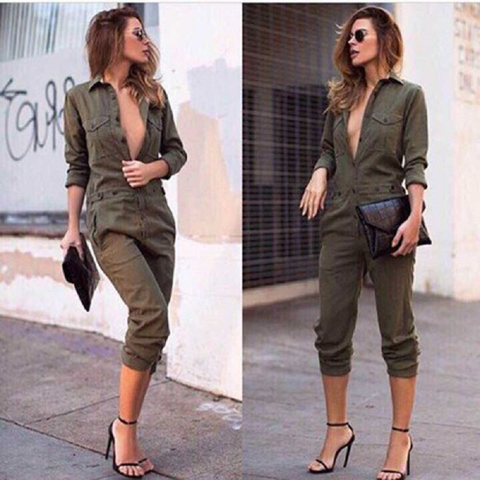 Hot Sale Ladies Sexy Vintage Romper Long Pants Women Slim Bodycon Jumpsuit Long Sleeve Army Green Solid Casual Cargo Pants