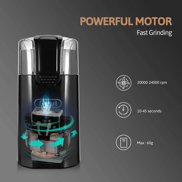 Gevi Electric Coffee Grinder One-Touch Control Coffee Bean Grinder with Brush,Spoon for Nuts, Sugar, Grains, Clear Lid, Black