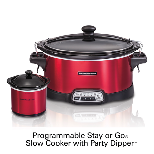Hamilton Beach 7 Quart Stay or Go Programmable Slow Cooker with Party Dipper, Red, 33478