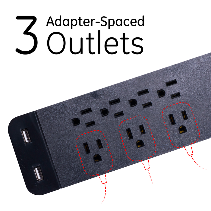 GE Pro 7-Outlet 2-USB Power Strip Surge Protector, 3ft. Cord - 37054