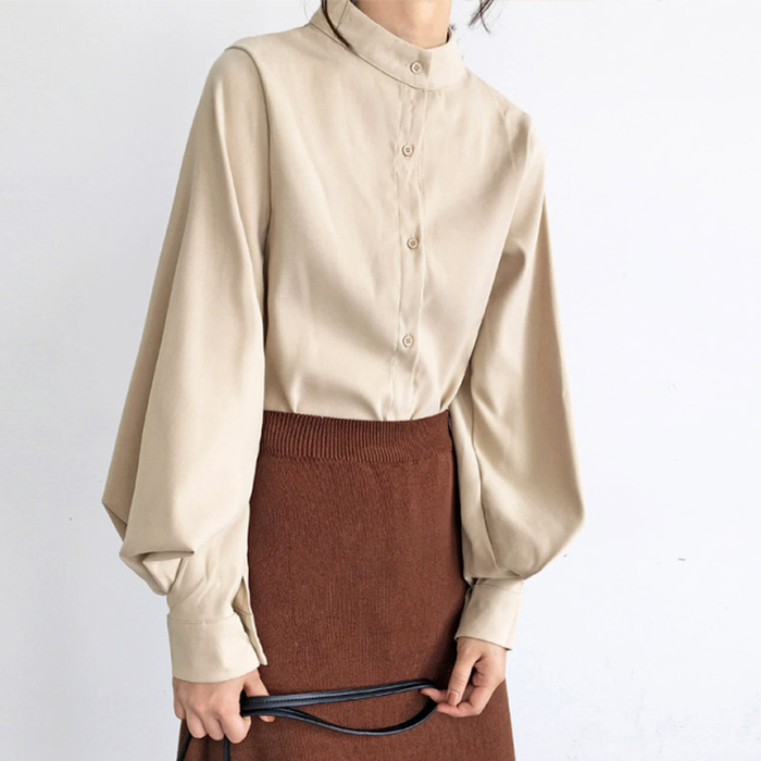 Big Lantern Sleeve Blouse Women Autumn Winter Single Breasted Stand Collar Shirts Office Work Blouse Solid Vintage Blouse Shirts