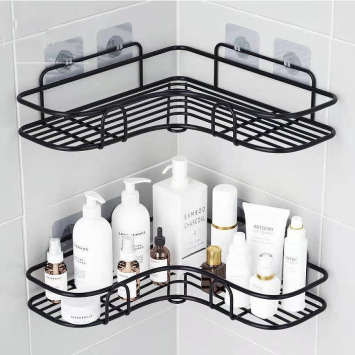 Bathroom Kitchen Punch Free Corner Frame Shower Shelf Wrought Iron Shampoo Storage Rack Holder with Suction Cup Bath Accessories