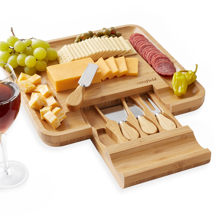 Casafield Organic Bamboo Cheese Cutting Board & Knife Gift Set - Wooden Serving Tray for Charcuterie Meat Platter, Fruit & Crackers - Slide Out Drawer with 4 Stainless Steel Knives