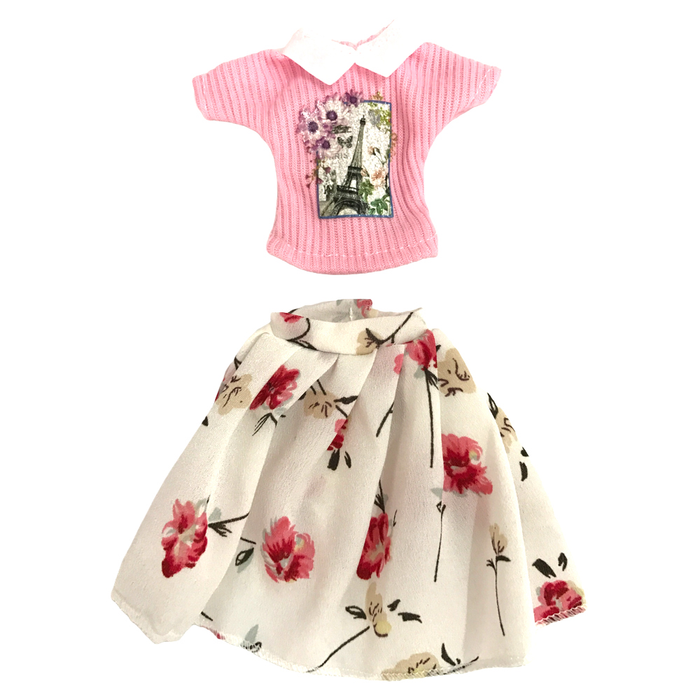 NK 1 Set Doll Pink Short Sleeve Top Beautiful Short Skirt Everyday Clothing Fashion Dress for Barbie Accessories Doll Gift DZ
