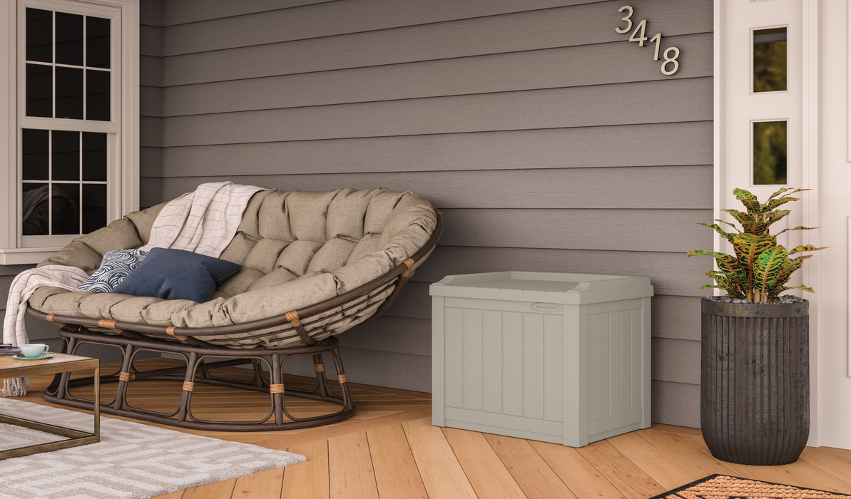 Suncast 22 Gallon Outdoor Resin Deck Storage Box with Seat, Light Taupe