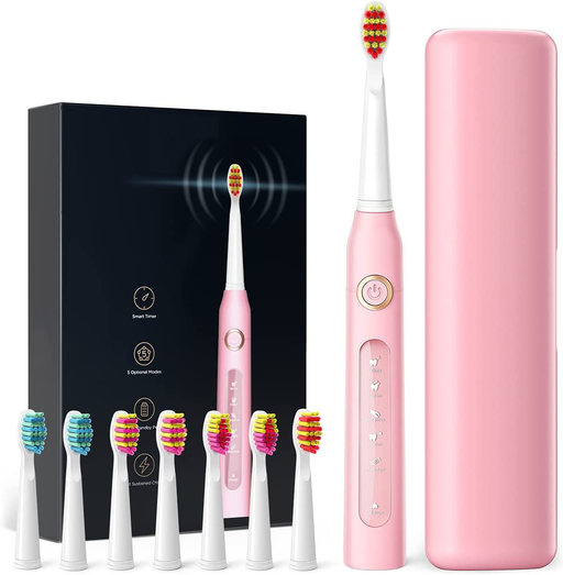 Fairywill Adults Electric Toothbrushes Sonic with 5 Modes, 7 Replacement Heads & 1 Travel Case, Pink