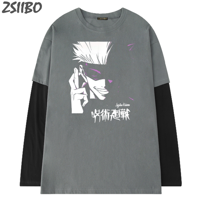 Hip Hop Fake Two Piece Jujutsu Kaisen Yuji Itadori Tshirt Male Yuji Itadori Print Unisex Anime T Shirt Long Sleeve Men&#39;S T-Shirt