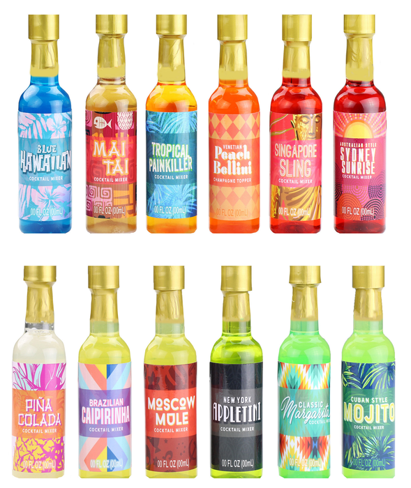 Thoughtfully Gifts, Global Cocktail Mixers, 2.3 Fluid Ounces Each, Mixes of Classic Margarita, Cuban Style Mojito, New York Appletini, Pina Colada, Blue Hawaiian, Set of 12(Contains NO Alcohol)