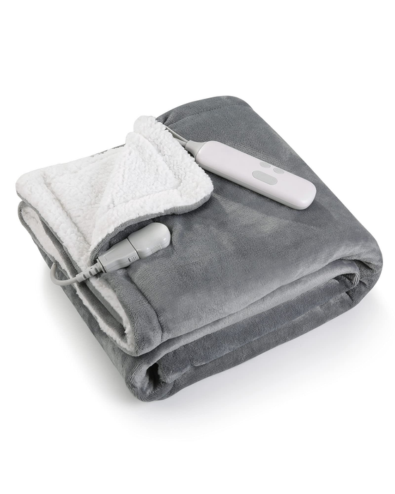 Maxkare 50" X 60" Electric Heated Blanket Flannel & Sherpa Fast Heated Throw Blanket with 6 Heating Levels & 5 Auto-Off Timing Settings, Machine Washable, Grey & White