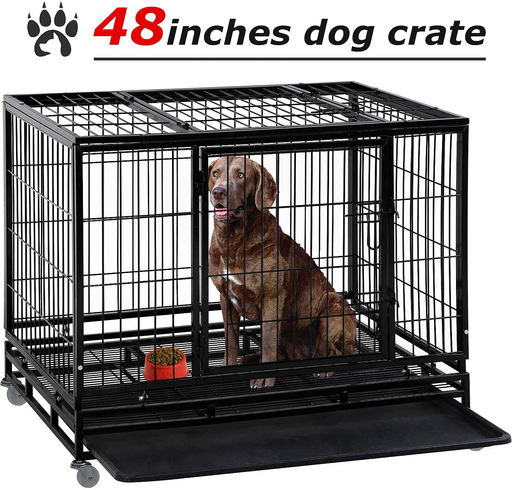 Heavy Duty Large Dog Kennel with Plastic Tray & Wheels, 48’’ XXL Dog Cage Outdoor Dog Crate with Double Doors,Easy to Clean Metal Wire Crates Pet Animal Segregation Cage Crate for Dog Training Indoor
