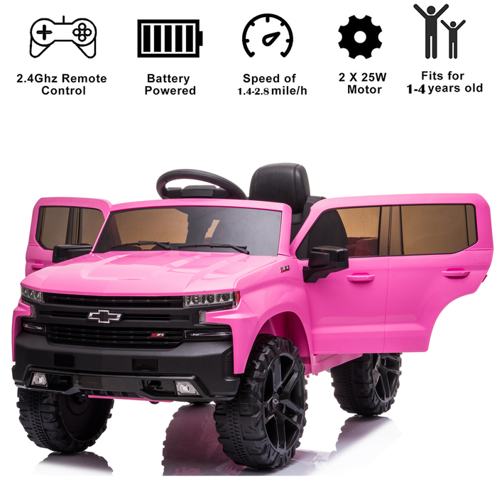 12V Kids Ride on Cars with Remote Control, Licensed Chevrolet Silverado Power 4 Wheels Ride on Pickup Truck, Battery Powered Vehicles with Light, MP3 Player, Ride on Toys for Boy Girl, Pink, W15697