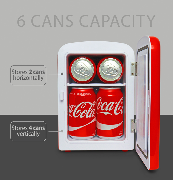 Classic Coca-Cola 4 Liter, 6 Can Portable Fridge, Mini Cooler for Food, Beverages, Skincare - Use at Home, Office, Dorm, Car, Boat - AC & DC Plugs Included