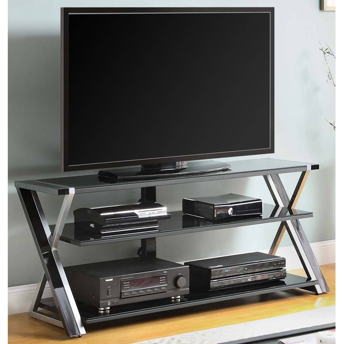 Whalen Furniture Black TV Stand for 65" Flat Panel TVs with Tempered Glass Shelves