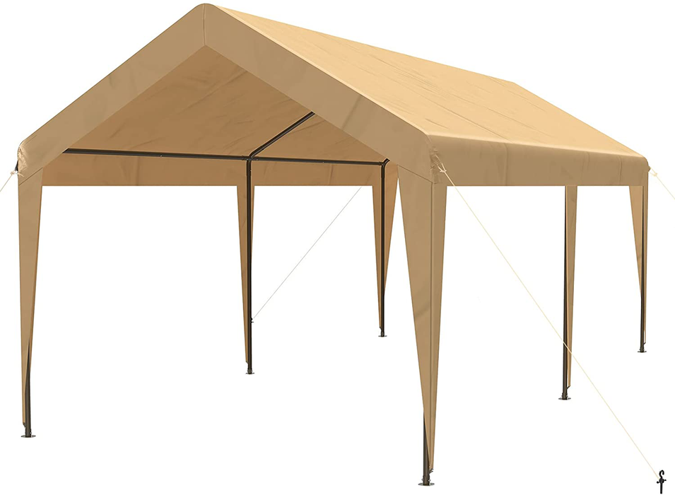 QOMOTOP Carport , 10X20 Ft Heavy Duty Carport with 6 Steel Legs,Portable Car Canopy Garage Boat Shelter with 180G PE Fabric for Party,Wedding,Outdoor Storage Shed, Beige