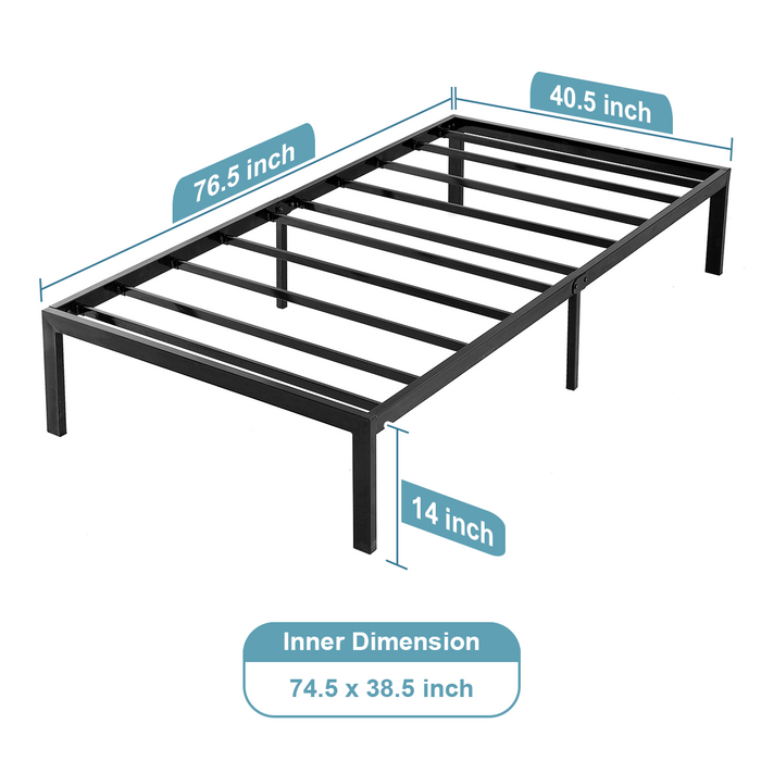 Kingso 14" Tall Twin Bed Frame Black 1500H Steel Platform Metal Bed Frame with Storage, Heavy Duty Steel Slat and Anti-Slip Support, No Box Spring Needed-Twin Size