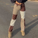 Autumn Brown Women Cowboy Striped Patchwork Jeans Street Casual Hip Hop High Waist Loose Straight Jeans Women&#39;S Fashion Pants