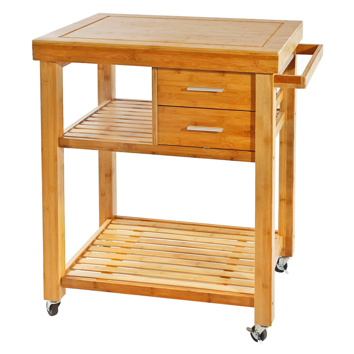 Rolling Bamboo Wood Kitchen Island Cart Trolley on Wheels with Drawers Shelves, Towel Rack