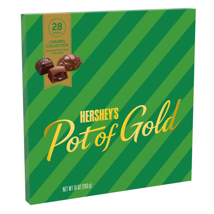 HERSHEY'S, POT of GOLD Caramel Collection Assorted Milk and Dark Chocolate Caramel Candy, Holiday, 10 Oz, Box (28 Pieces)
