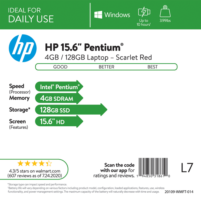 HP 15.6", Intel Pentium N5000, 4GB RAM, 128GB SSD, Scarlet Red, Windows 10 (S mode), 15-dw0083wm