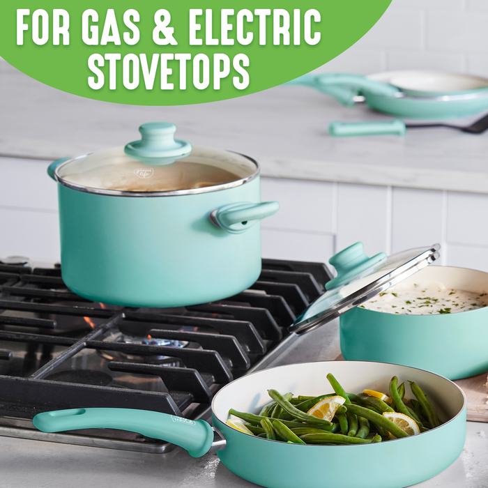 GreenLife Soft Grip Toxin-Free Healthy Ceramic Non-stick Cookware Set, 18 Piece, Turquoise