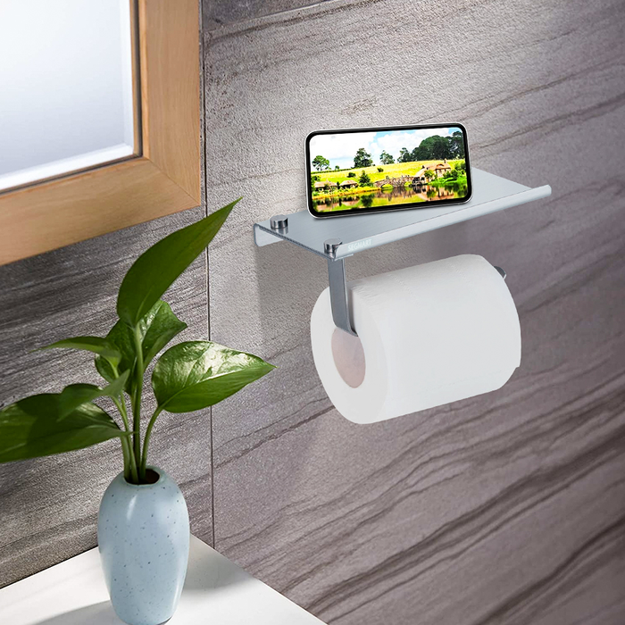 Wall Mounted Toilet Paper Holder with Phone Shelf, Space Aluminum Bathroom Accessories Tissues Roll Holder, Bathroom Paper Towel Storage Rack, Washroom Toilet Paper Holder with Storage Shelf, S5702