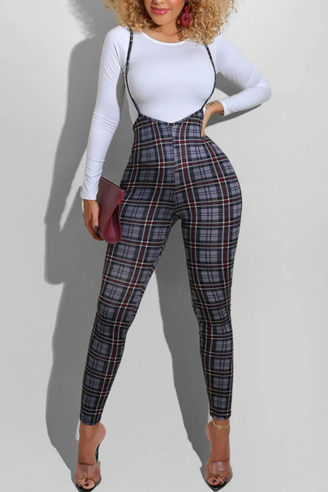 Kayotuas Women Jumpsuit Suspender Strap Trousers Plaid Pattern High Waist Overalls Office Lady Slim Fit Pencil Slim Clothing