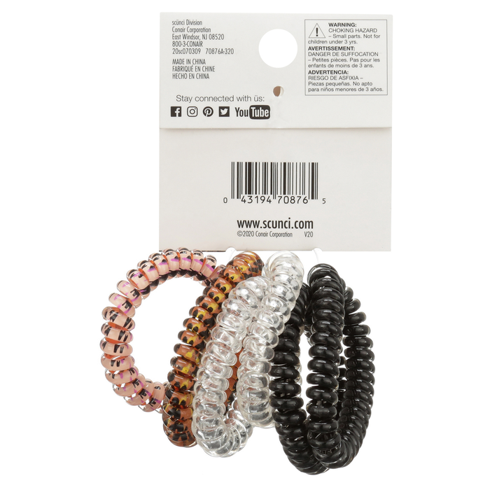 Wild Primrose by Scunci No-Damage Silicone Spiral Stretch Hairbands for All Hair Types in Clear, Black, and Leopard Print, 5Ct
