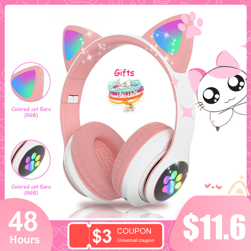 New RGB Cat Ear Headphones Blue-Tooth Fone Bass Noise Cancelling Adults Kids Girl Headset Support TF Card Casco Mic Gift