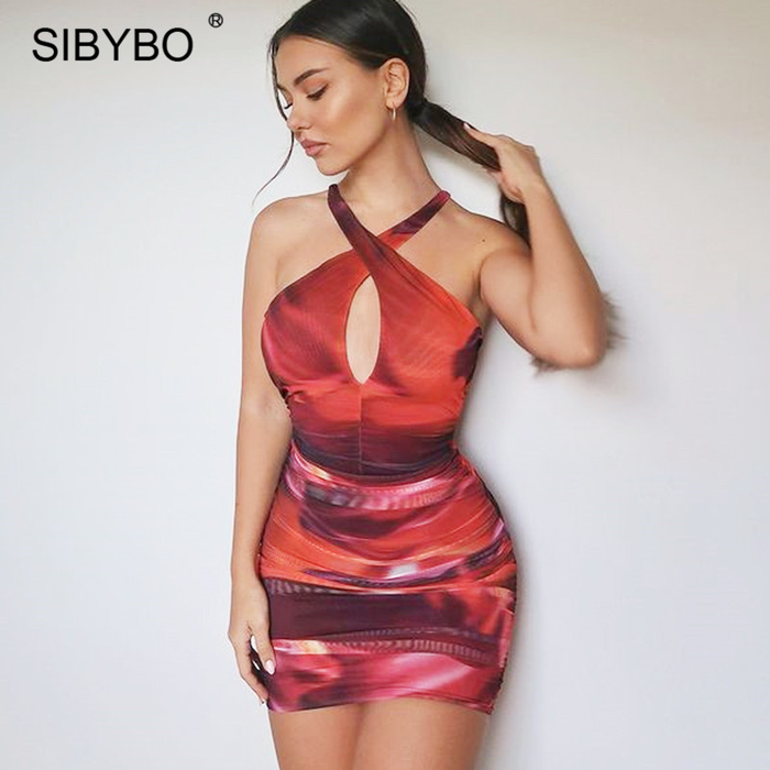 Sibybo Tie Dye Print Sexy Backless Dress Women Bandage Bodycon Dresses 2021 Spring Femmle Lace up Skinny Party Short Vestidos